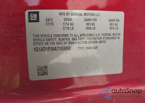 2010 Chevrolet Cobalt Lt from USA, damaged, VIN 1G1AD1F59A7169999